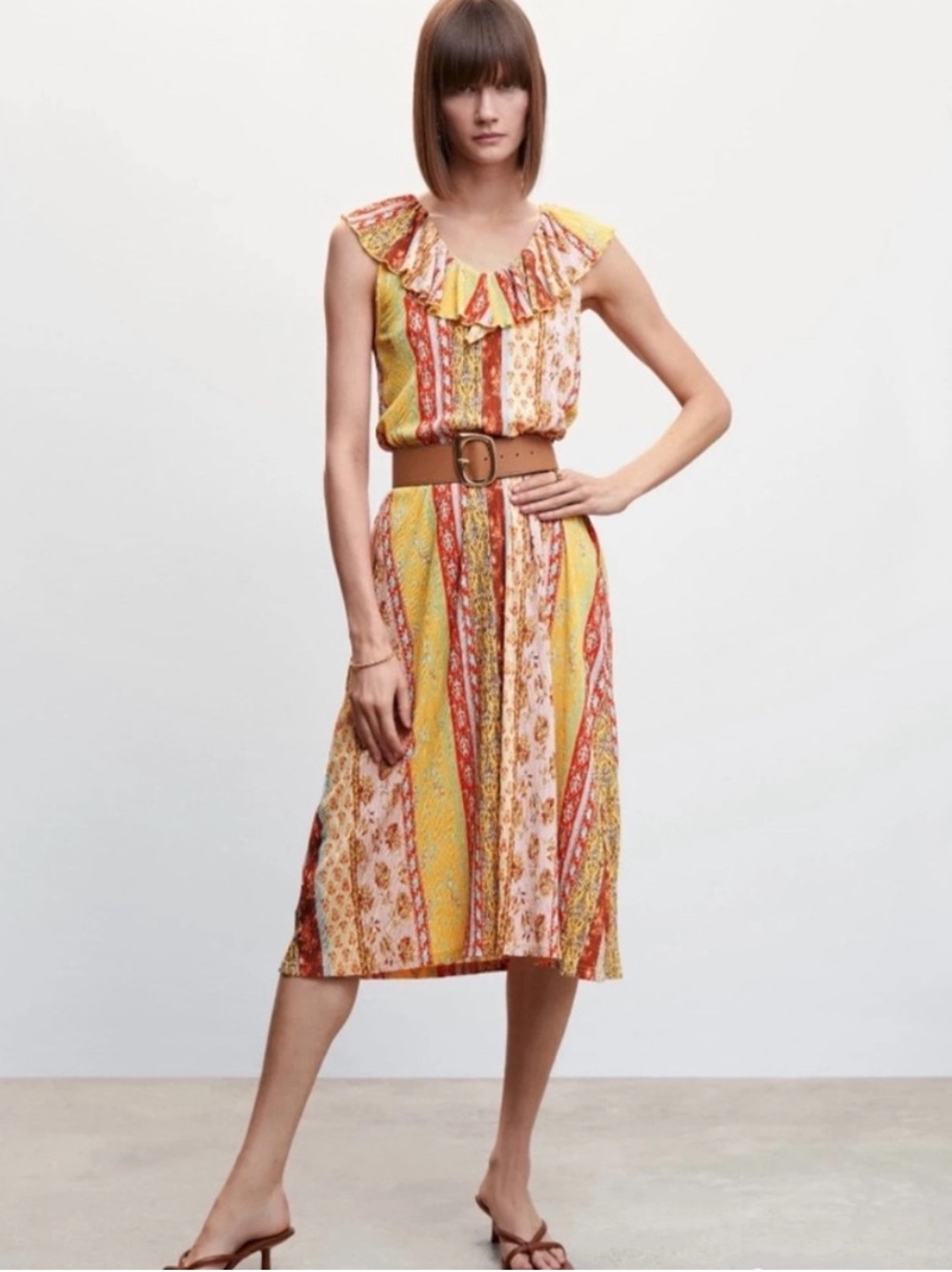 NWOT Mango Yellow and Red Printed Midi Skirt